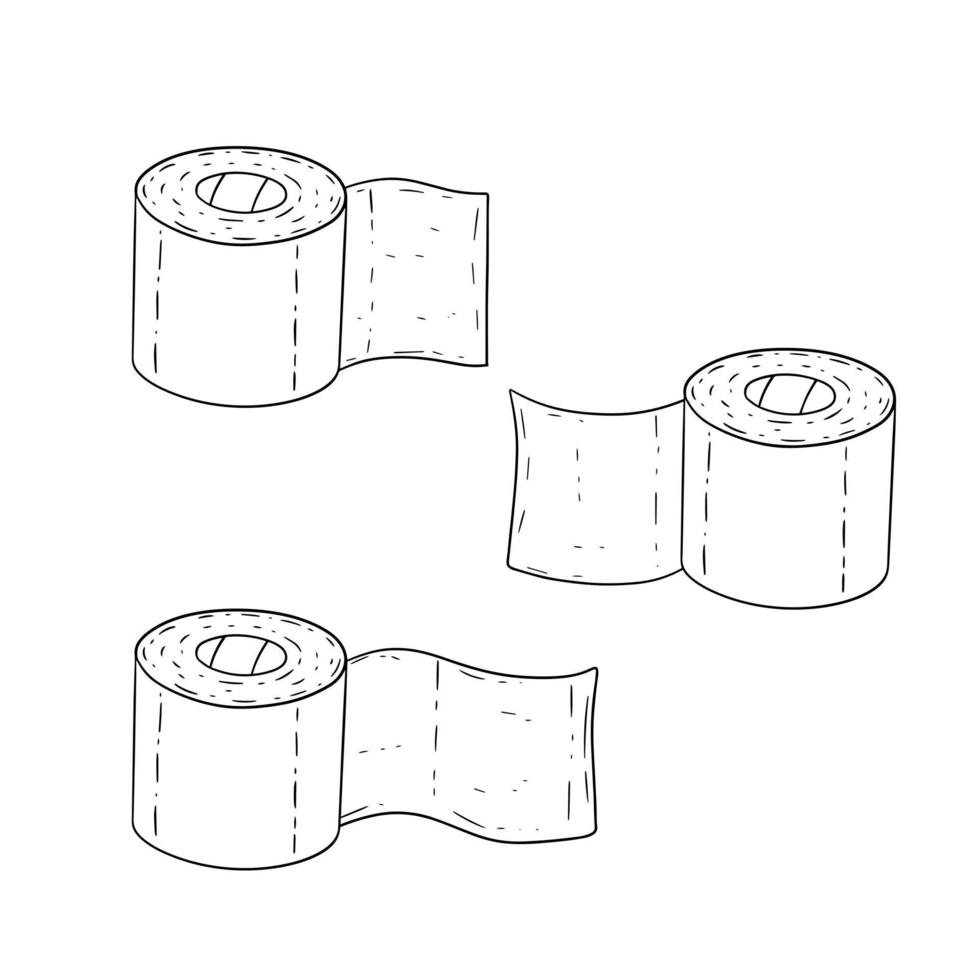 set med toalettpapper. badelement. vitt tecknat objekt. flera rullar av pappershanddukar på vit bakgrund. doodle skiss vektor