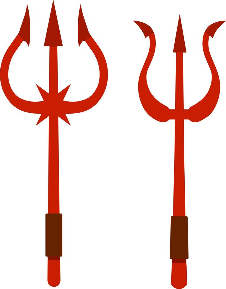 djävlar treudd. helvetes gaffel. tecknad platt illustration. uppsättning av halloween röd ond demon kostym objekt. satans vapen vektor