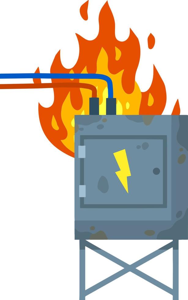 beschädigte Schalttafel. flache illustration der karikatur. Sicherung und Elektrotechnik. Gefahrensituation - Feuer. Hochspannungssensor. elektrische drähte im kasten. technisches Industriegerät vektor