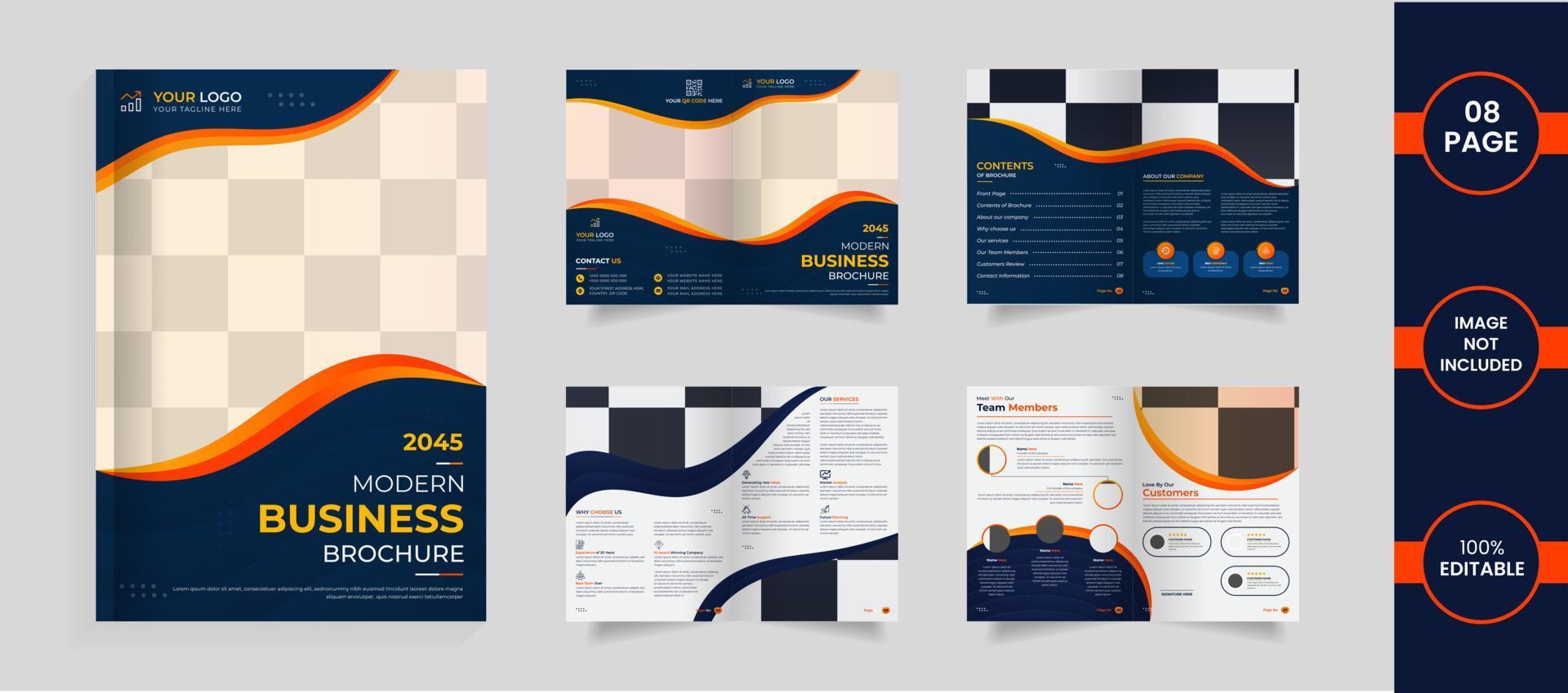 modernes 8-seitiges Corporate-Broschüren-Template-Design mit dunkelblauen, orangen und gelben Farbverläufen 3D-Formen. vektor