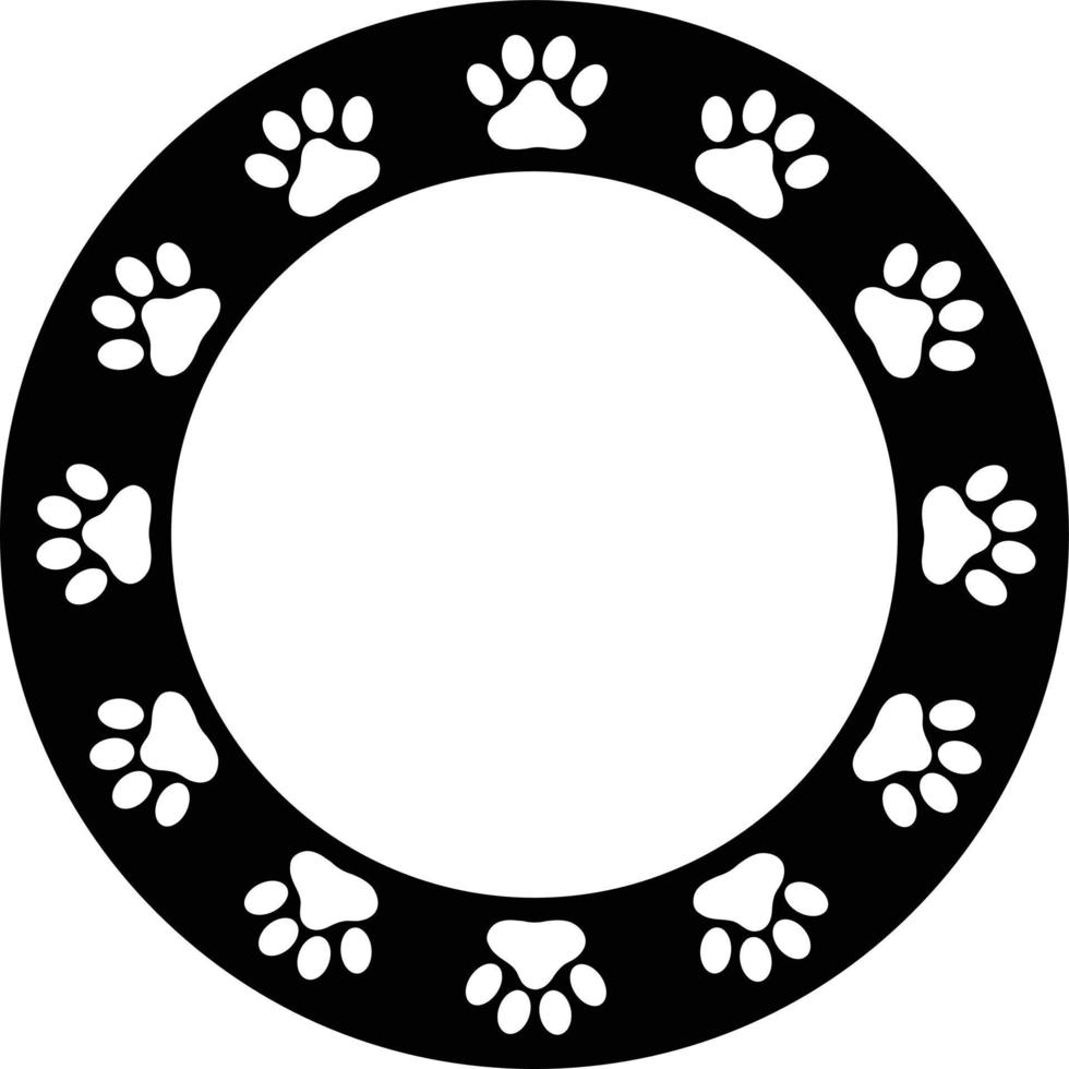 Pfotenrahmen auf weißem Hintergrund. flacher Stil. Rand mit Hundepfotenabdruck. schwarze Tierpfotenabdrücke runder Rahmen. vektor