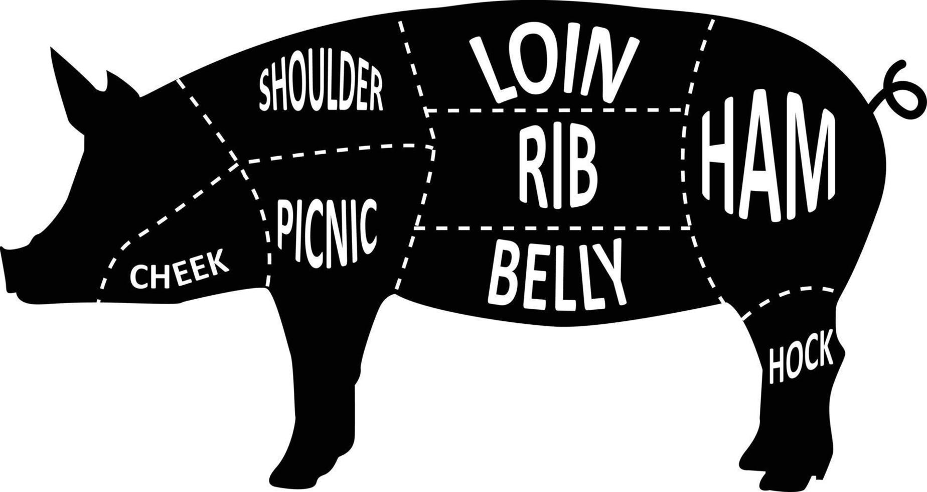 Metzgerschwein auf weißem Hintergrund. Barbecue-Ladenschild. Fleischstücke unterzeichnen. amerikanisch us pork uts diagramm. flacher Stil. vektor