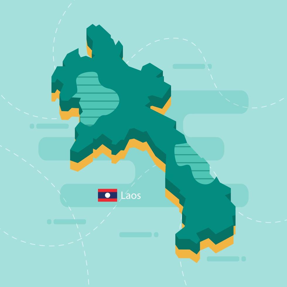 3D-Vektorkarte von Laos mit Namen und Flagge des Landes auf hellgrünem Hintergrund und Bindestrich. vektor