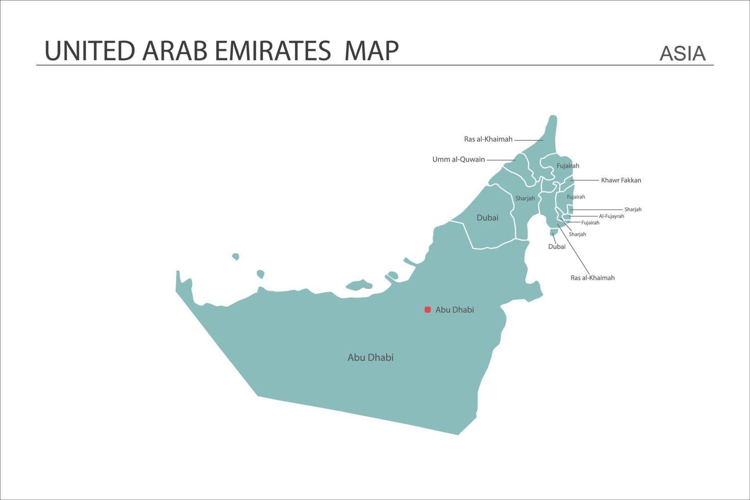 Karte der Vereinigten Arabischen Emirate. karte hat alle provinzen und markiert die hauptstadt der vereinigten arabischen emirate. vektor