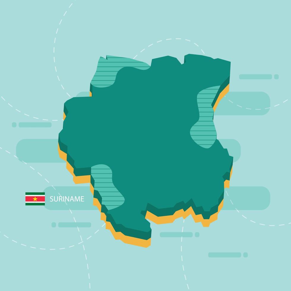 3D-Vektorkarte von Surinam mit Namen und Flagge des Landes auf hellgrünem Hintergrund und Bindestrich. vektor