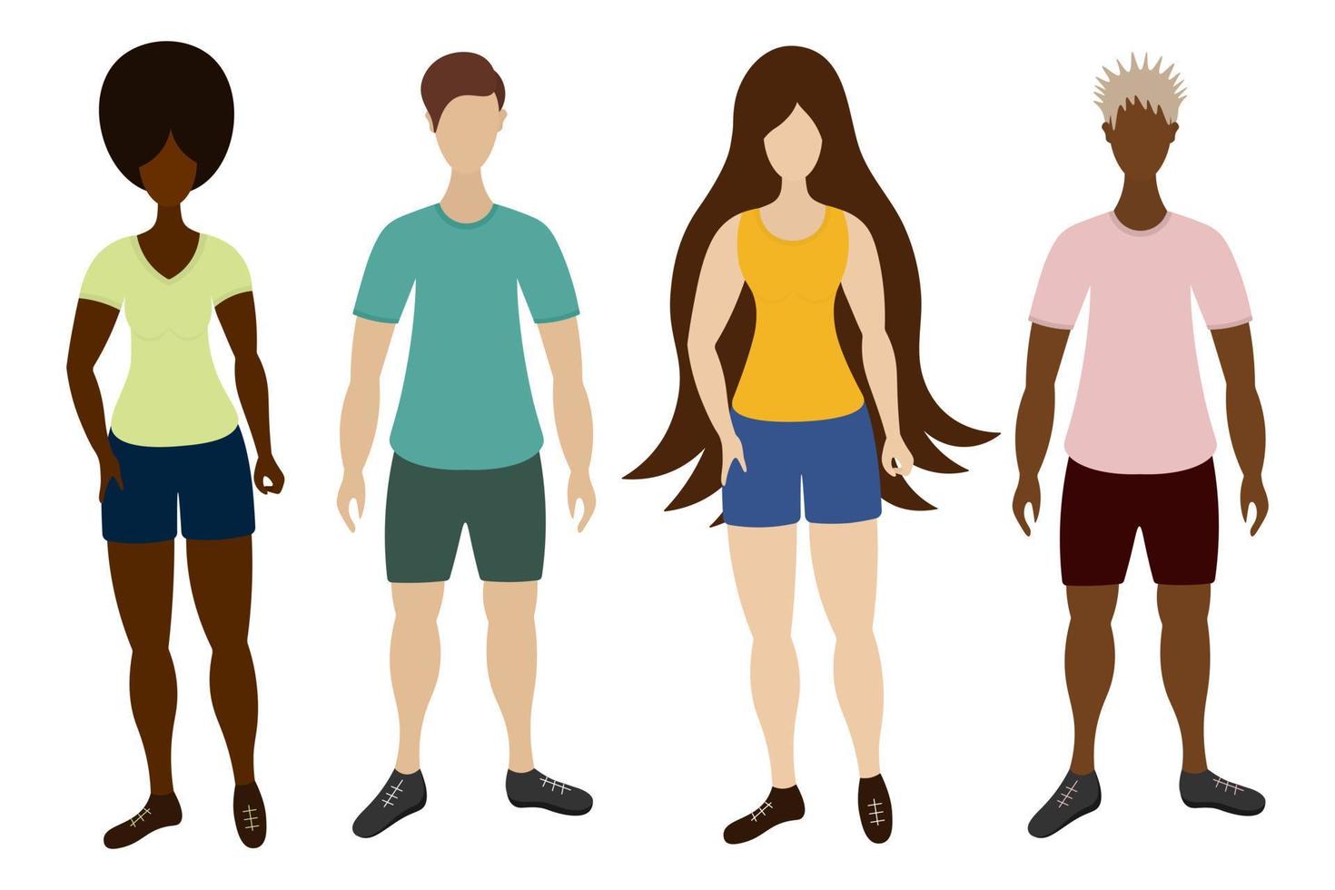 Mädchen und Jungen verschiedener Kulturen und Hautfarben. Jugendliche in Sportbekleidung. Farbvektorillustration. eine Gruppe von Athleten in T-Shirts, Shorts und Turnschuhen. isolierter Hintergrund. flacher Stil. vektor