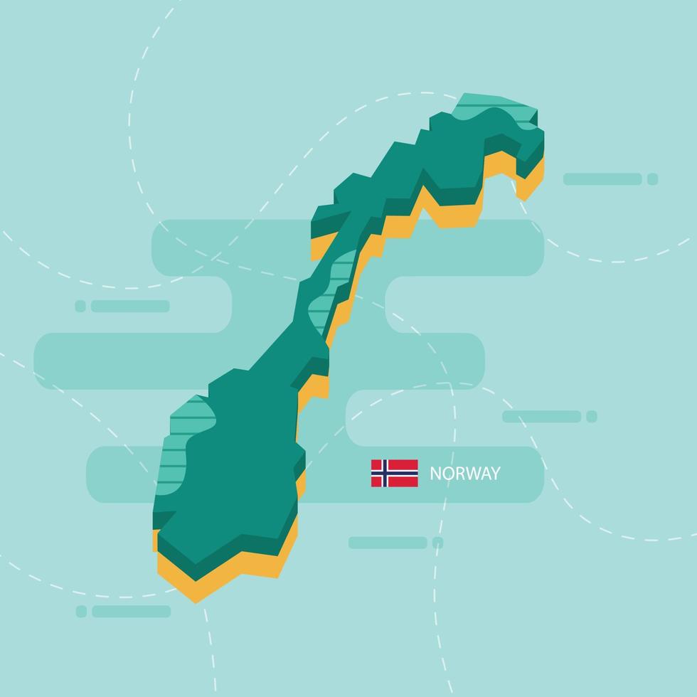 3D vektorkarta över norge med namn och flagga av landet på ljusgrön bakgrund och streck. vektor