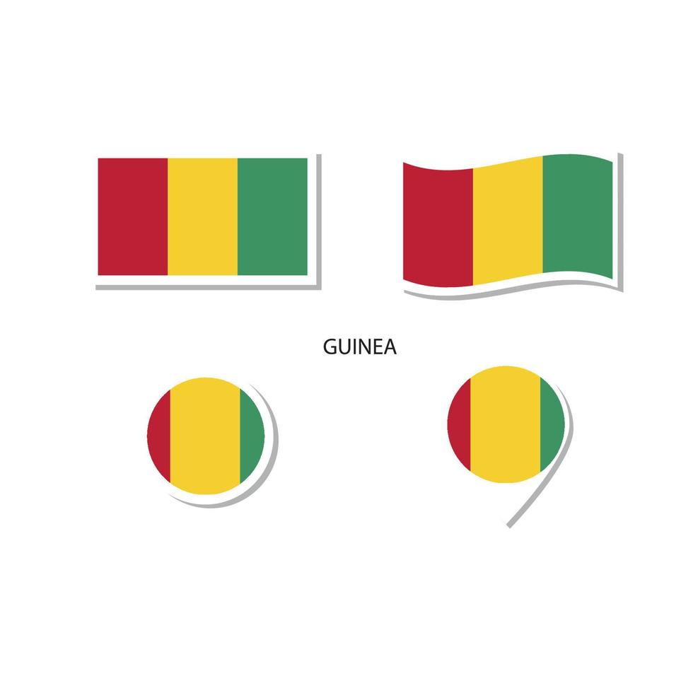 Guinea flagga logotyp ikonuppsättning, rektangel platta ikoner, cirkulär form, markör med flaggor. vektor