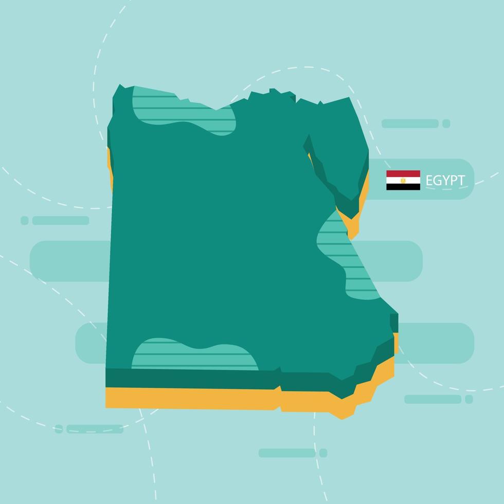 3D vektor karta över Egypten med namn och flagga av landet på ljusgrön bakgrund och streck.