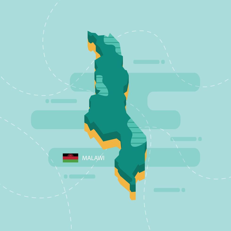 3D-Vektorkarte von Malawi mit Namen und Flagge des Landes auf hellgrünem Hintergrund und Bindestrich. vektor