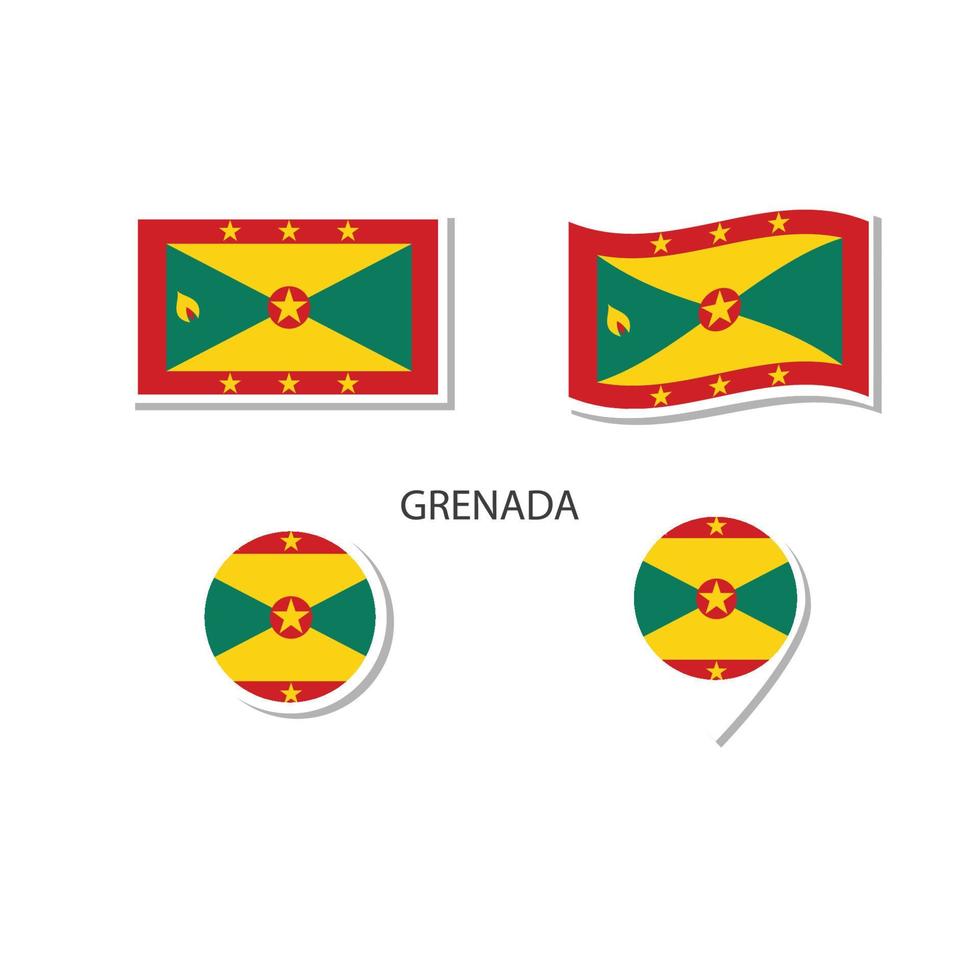 grenada flagga logotyp Ikonuppsättning, rektangel platta ikoner, cirkulär form, markör med flaggor. vektor