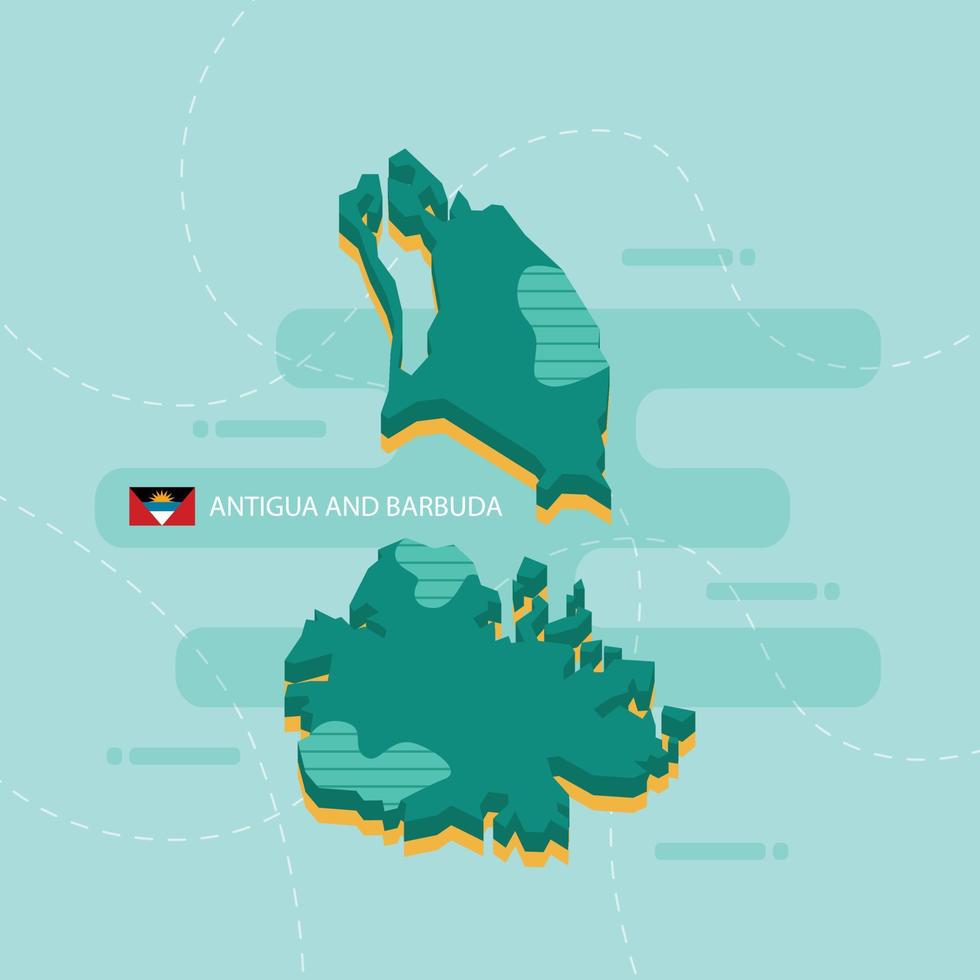 3D-vektorkarta över antigua och barbuda med landets namn och flagga på ljusgrön bakgrund och streck. vektor