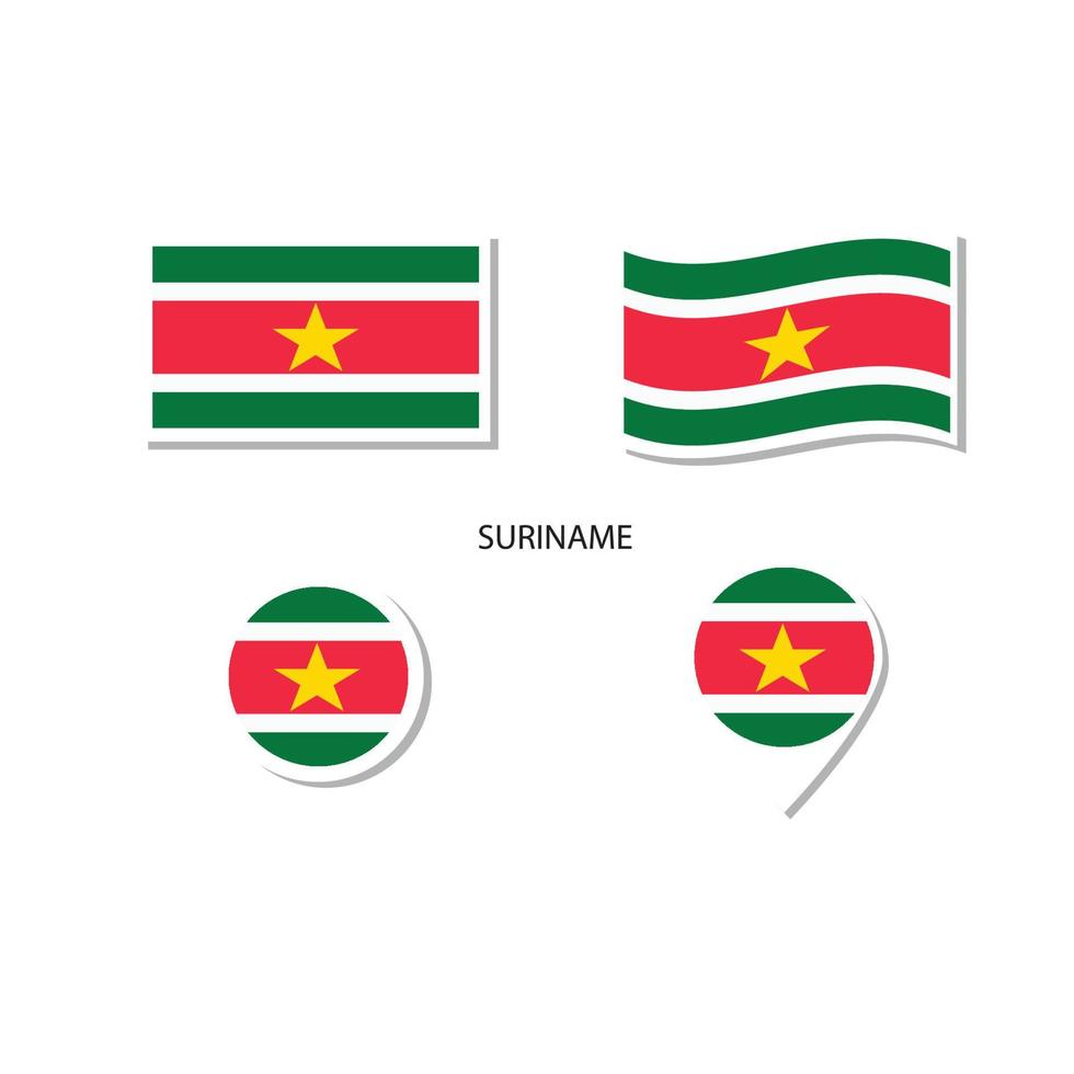 Surinam-Flaggen-Logo-Icon-Set, rechteckige flache Symbole, kreisförmige Form, Markierung mit Fahnen. vektor