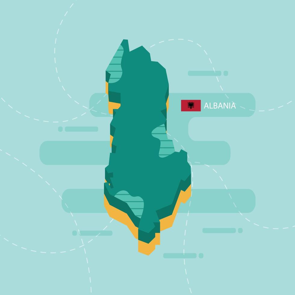 3D-vektorkarta över Albanien med landets namn och flagga på ljusgrön bakgrund och streck. vektor