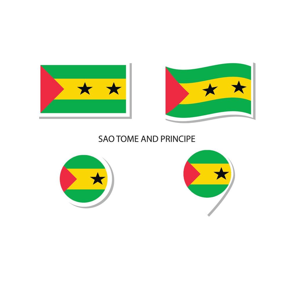 sao tome und principe flag logo icon set, rechteckige flache symbole, kreisförmige form, markierung mit fahnen. vektor