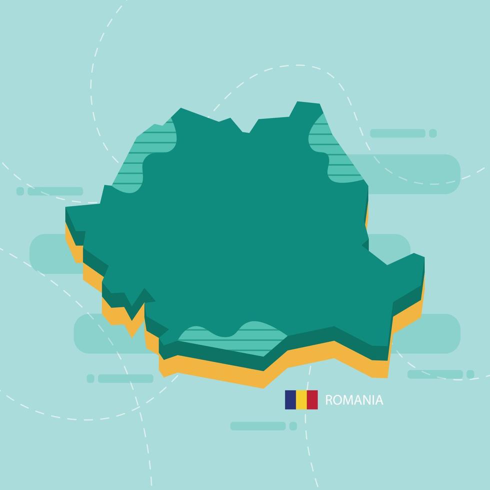 3D-vektorkarta över Rumänien med landets namn och flagga på ljusgrön bakgrund och streck. vektor