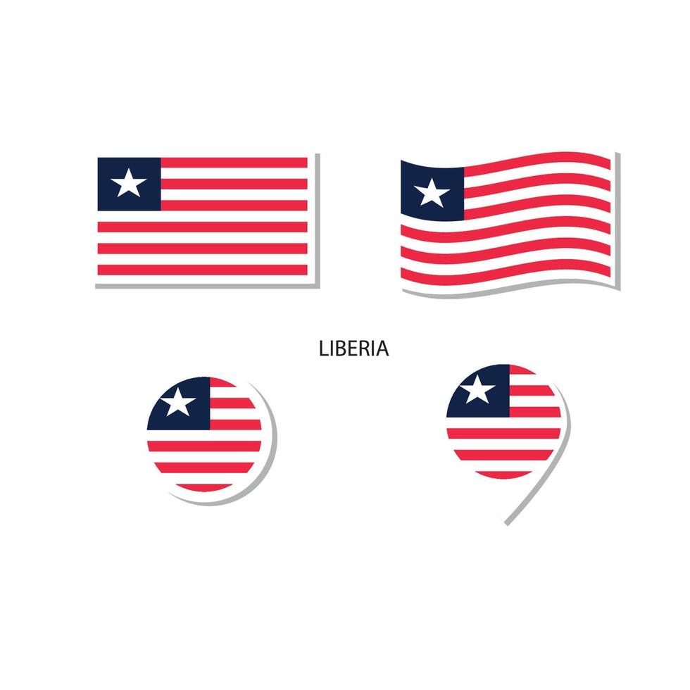 Liberia-Flaggen-Logo-Icon-Set, rechteckige flache Symbole, kreisförmige Form, Markierung mit Fahnen. vektor