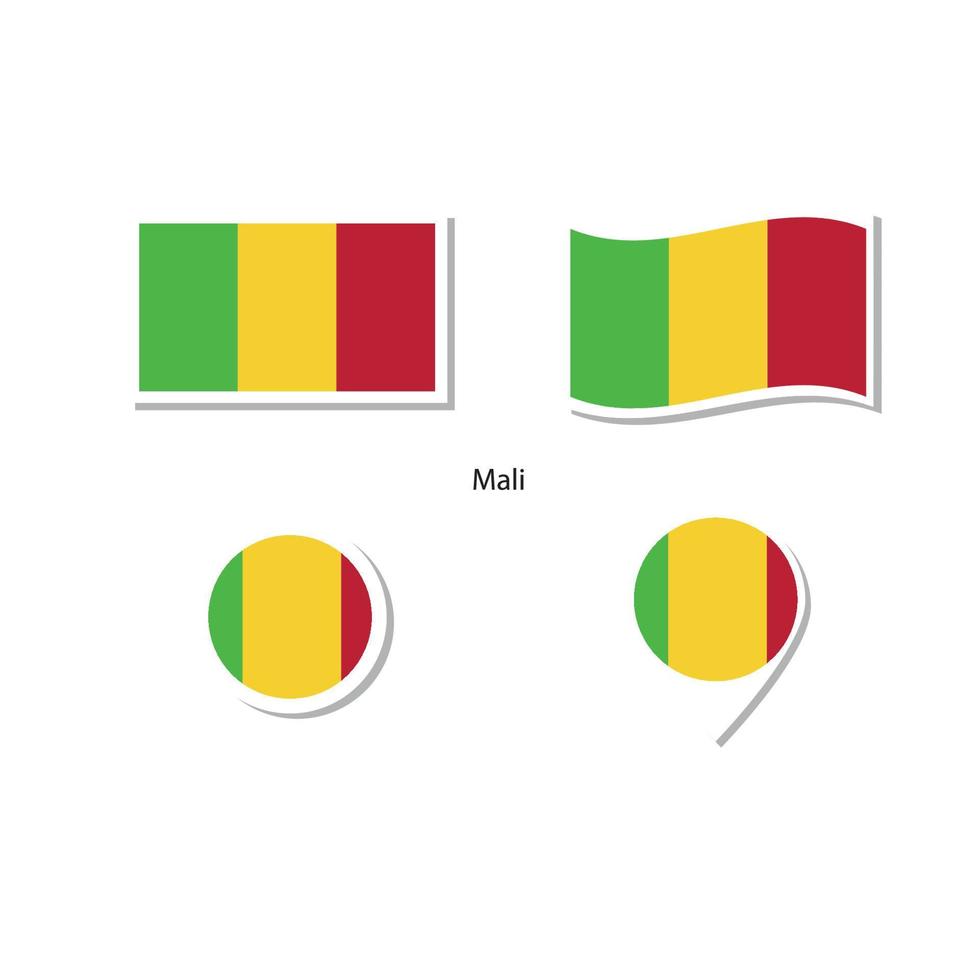 mali-flaggenlogo-ikonensatz, rechteckige flache ikonen, kreisförmige form, markierung mit flaggen. vektor