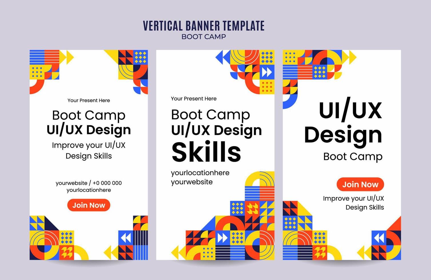moderne geometrie - bootcamp-webbanner für vertikale plakate, banner, raumfläche und hintergrund sozialer medien vektor