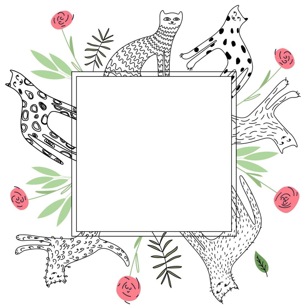 Rahmen für ein Kinderfotoalbum, eine Einladung, ein Notizbuch oder eine Postkarte mit süßen Katzen und tropischen Blättern im Doodle-Stil. vektor