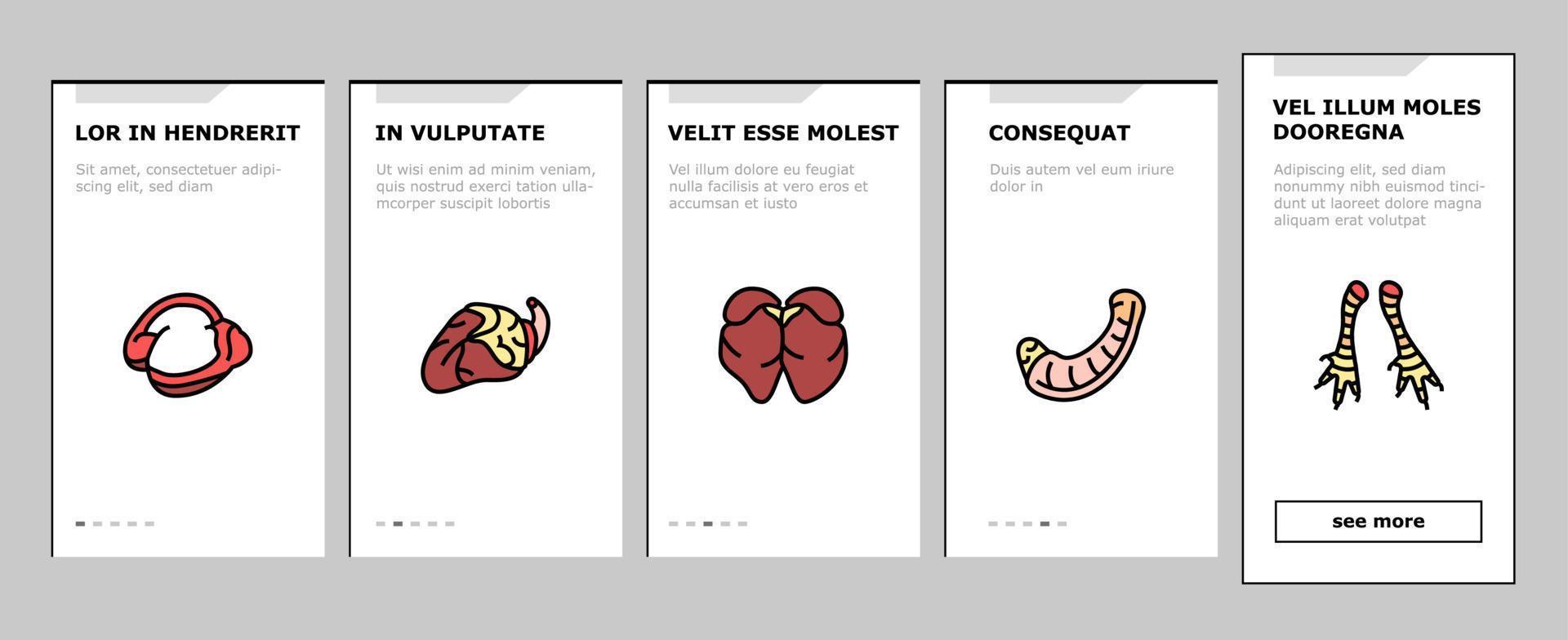 hähnchen tierfarm rohes fleisch essen onboarding icons set vektor