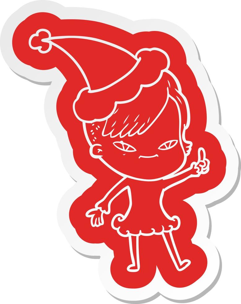 süßer Cartoon-Aufkleber eines Mädchens mit Hipster-Haarschnitt und Weihnachtsmütze vektor