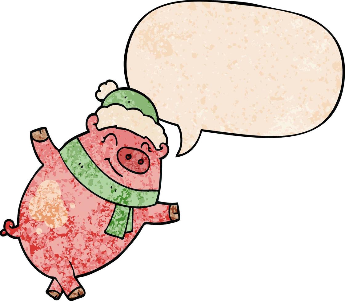 Cartoon-Schwein mit Weihnachtsmütze und Sprechblase im Retro-Textur-Stil vektor