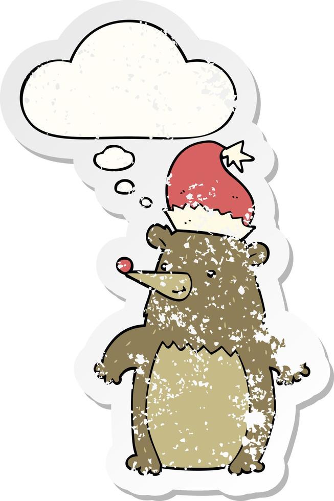 karikaturbär mit weihnachtsmütze und gedankenblase als verzweifelter, abgenutzter aufkleber vektor