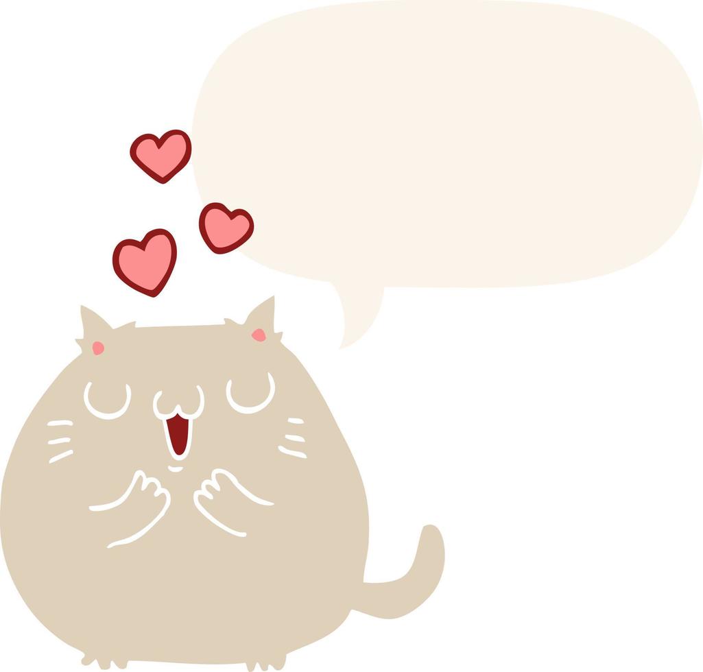 söt tecknad katt i kärlek och pratbubbla i retrostil vektor