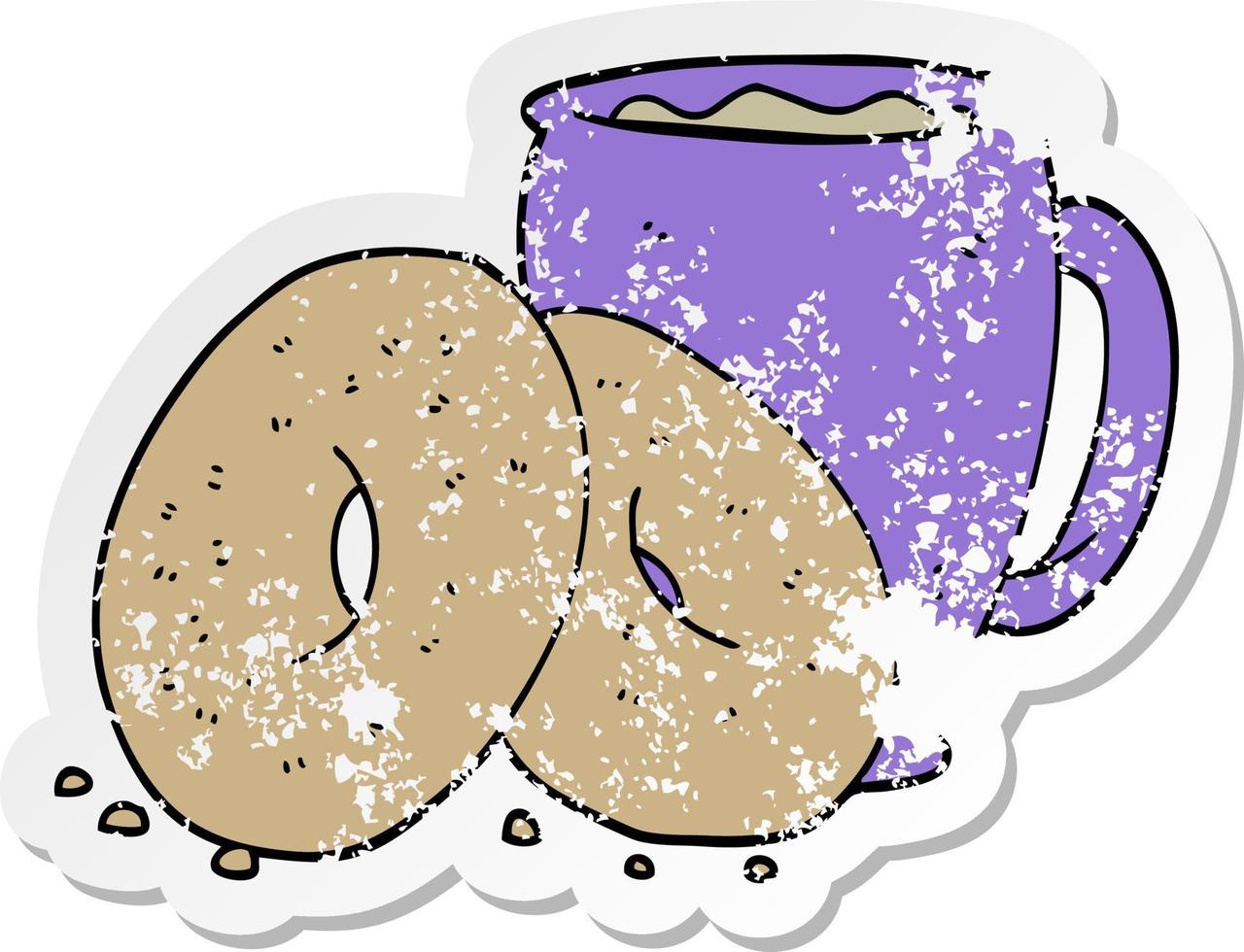 beunruhigter Aufkleber eines Cartoon-Kaffees und Donuts vektor