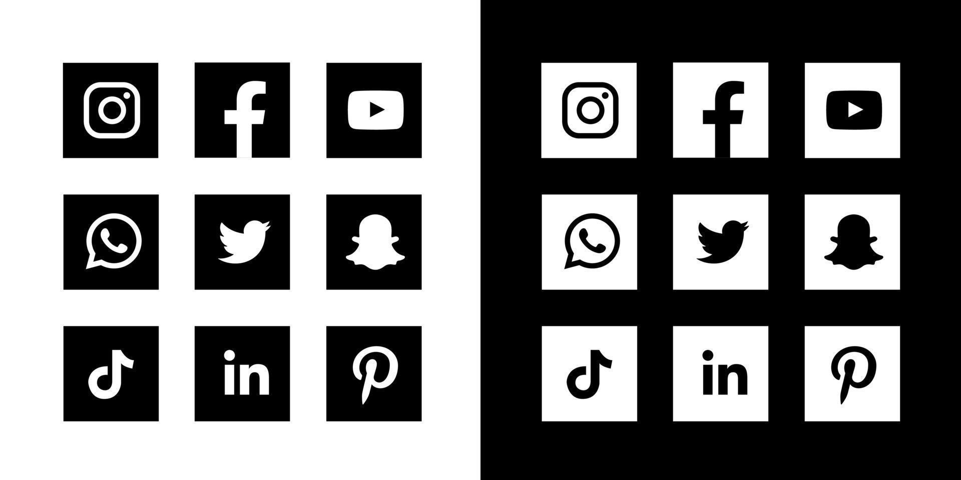 sociala medier ikoner svart och vit fyrkant vektor