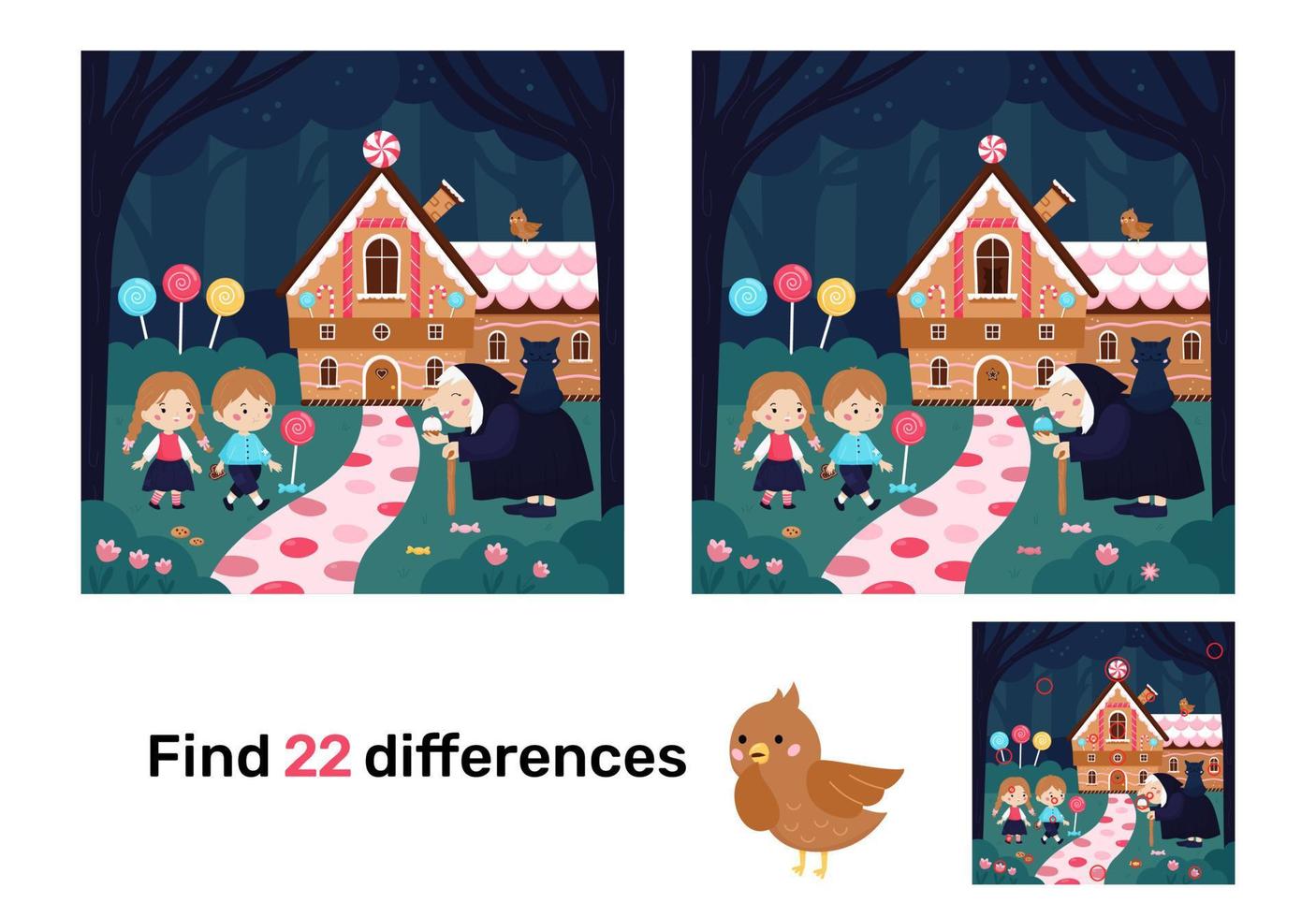 hansel och Gretel, tecknat godishus med häxa. hitta skillnader. pedagogiskt spel för barn. pussel för barn. vektor illustration.