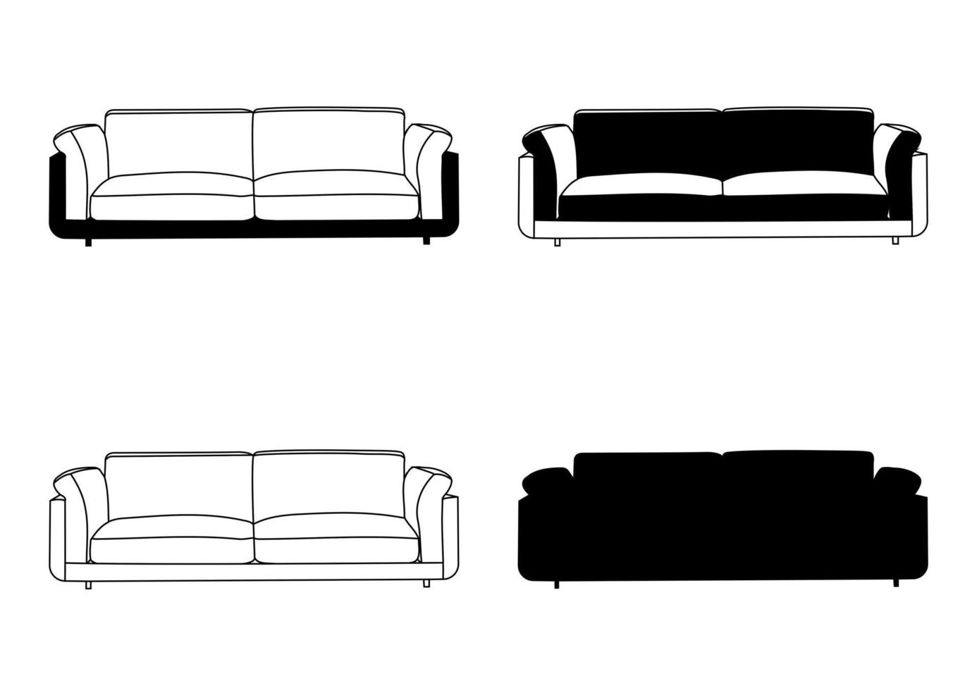 Set, Silhouettenumriss, Sofa, Couch, Couch, Tagesbett, Chaiselongue, Ottomane. Objekt, Möbelmodell. vektor