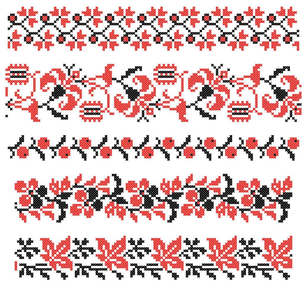 ukrainisches nationales Kreuzstich-Vektor-Ornament-Schema von Blumen und Beeren für Rahmen. schwarze und rote Reihe von Vektorstickereien vektor