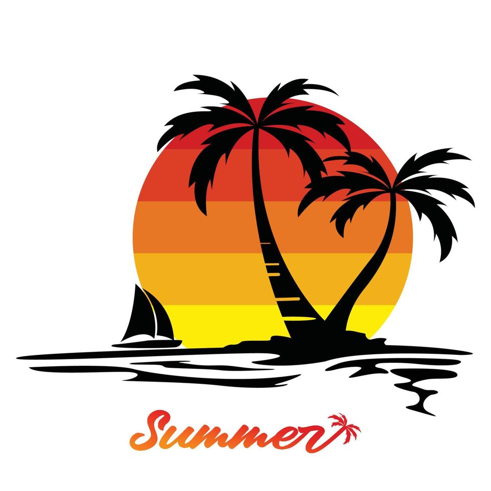 solnedgångsutsikt över havet med kokospalmer designen är lämplig för t-shirt screentryck vektor