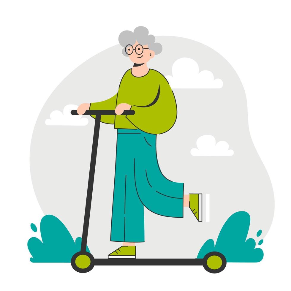 glad positiv aktiv ålderdom kvinna på elektro gyro skoter vektor. positiv äldre äldre person rolig aktivitet. äldreskydd. använder eko gatutransporter. isolerad på vitt vektor