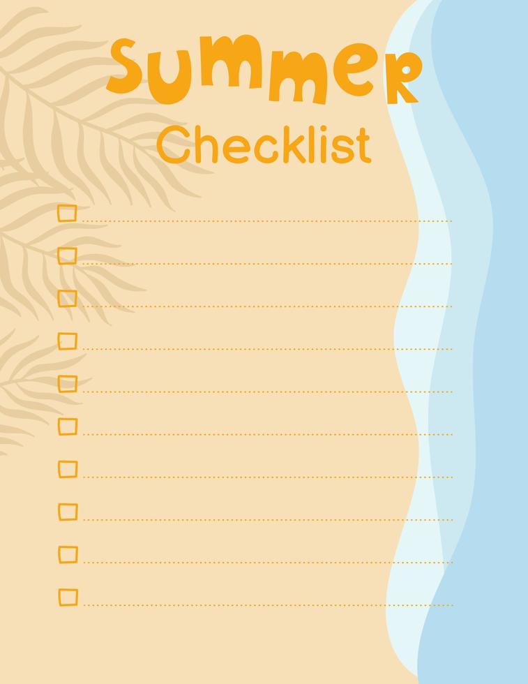mall för sommarens checklista. ovanifrån på strandsand, palmblad och havsvågor. vektor
