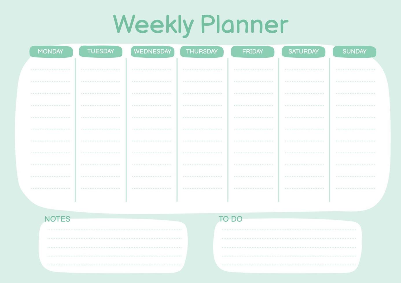 veckoplanerare i blåa färger. doodle platt stil. bra för anteckningsbok, agenda, dagbok, arrangör, schema vektor