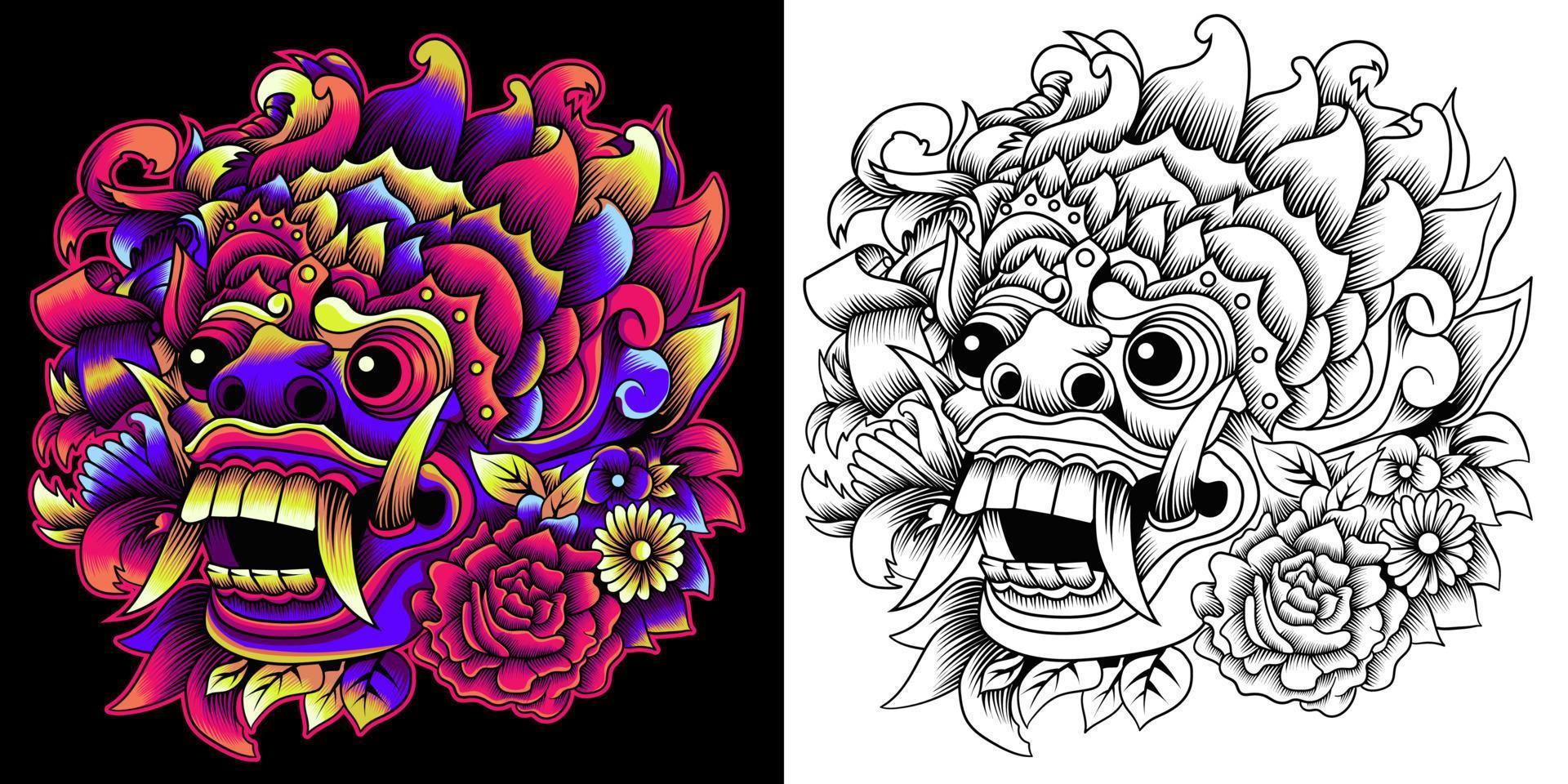 barong mask vektor illustration i neon färg stil