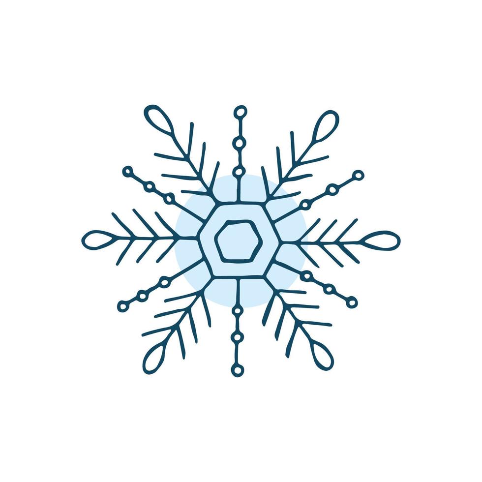 en handritad snöflinga. vektor illustration i doodle stil. vinterstämning. hej 2023. god jul och gott nytt år. blått element på en vit bakgrund.