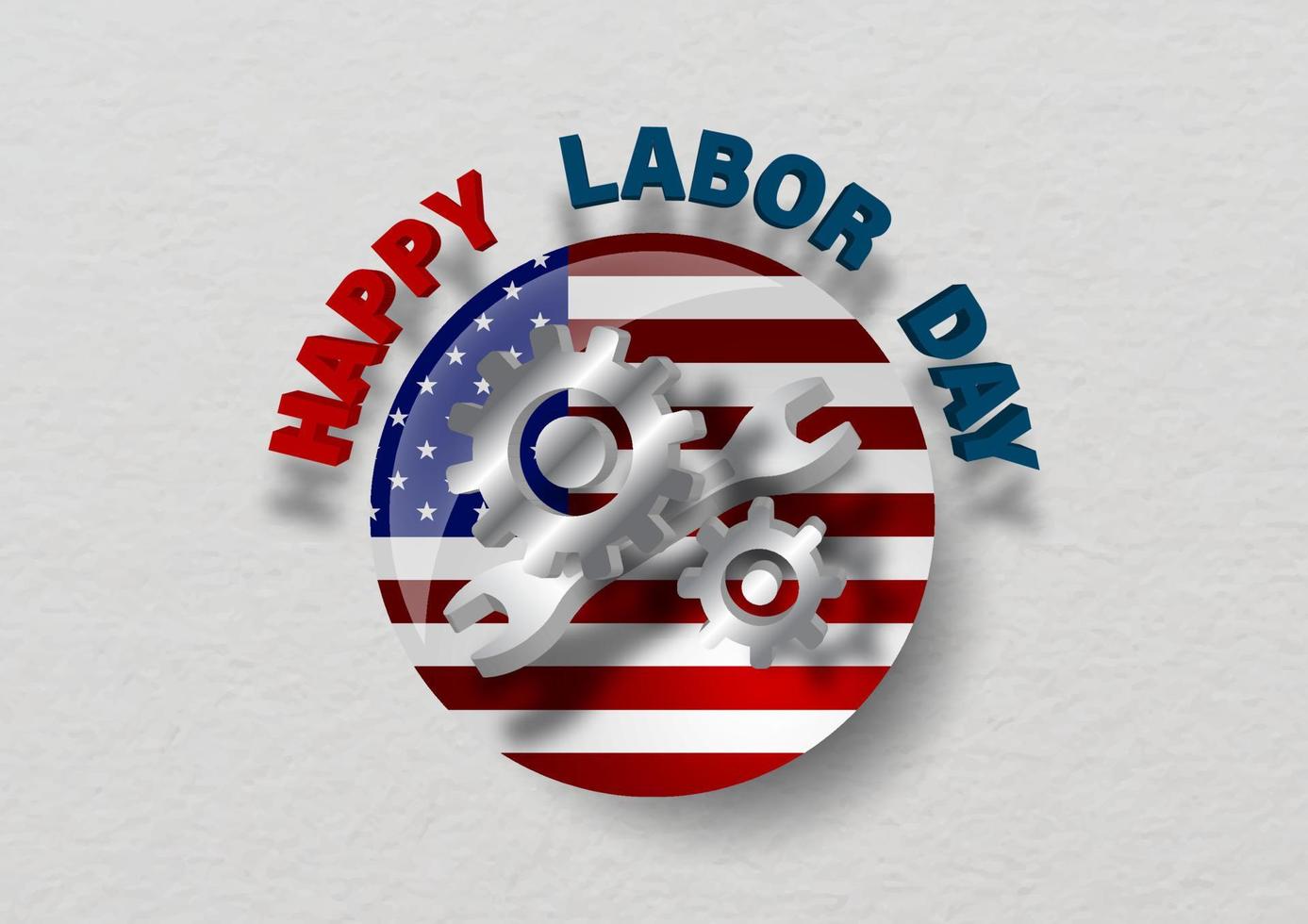 industriewerkzeuge mit happy labor day-schriftzug im 3d-stil in den usa. Flagge in Kreisform und weißem Papiermusterhintergrund. vektor