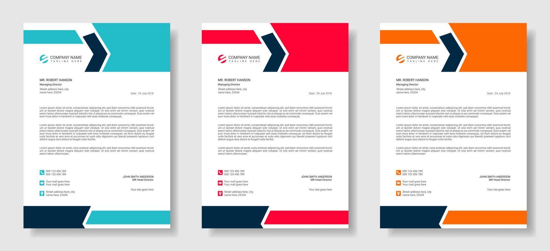 Moderne Briefkopf-Designvorlage für Unternehmen mit 3 verschiedenen Farben, kreatives modernes Briefkopf-Design, professioneller minimalistischer Briefkopf, abstraktes, elegantes oder vektorielles Vorlagendesign vektor