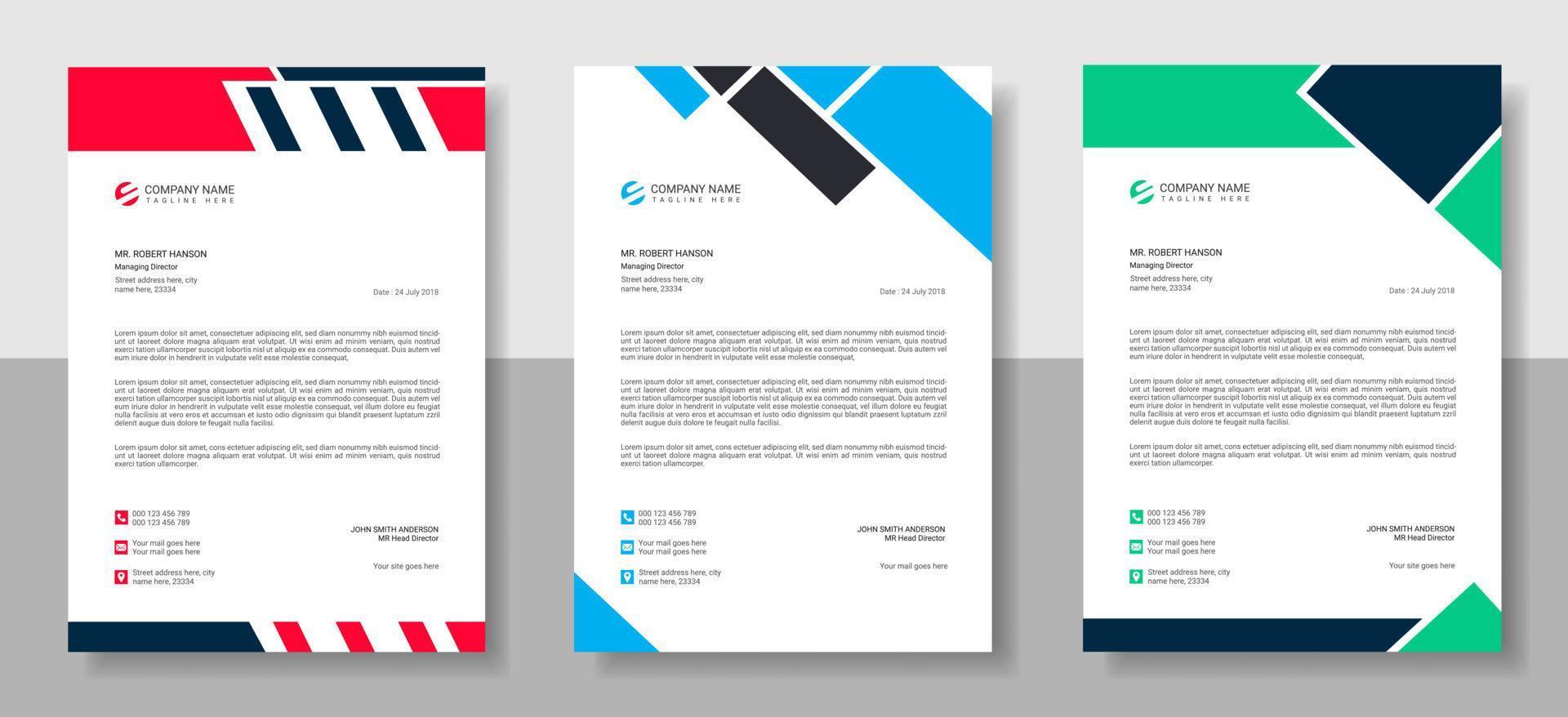 företagsdesignmall för modern brevpapper med 3 olika färger, kreativ modern brevpappersdesign, professionell minimalistisk brevpapper, abstrakt, elegant eller vektormalldesign vektor