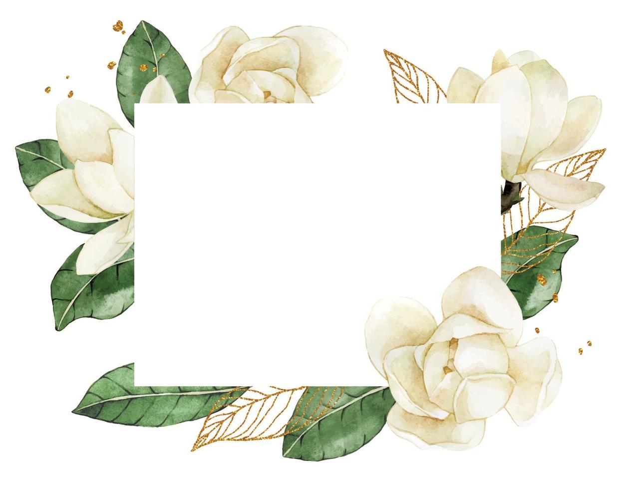 Aquarellzeichnung. rechteckiger rahmen mit weißen blumen und magnolienblättern und goldenen elementen. zarte illustration hochzeitsdekor, einladung, karte vektor