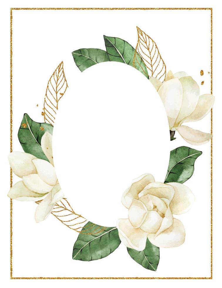 akvarellteckning. oval ram med vita blommor och magnoliablad och gyllene inslag. delikat illustration bröllop dekor, inbjudan, kort vektor