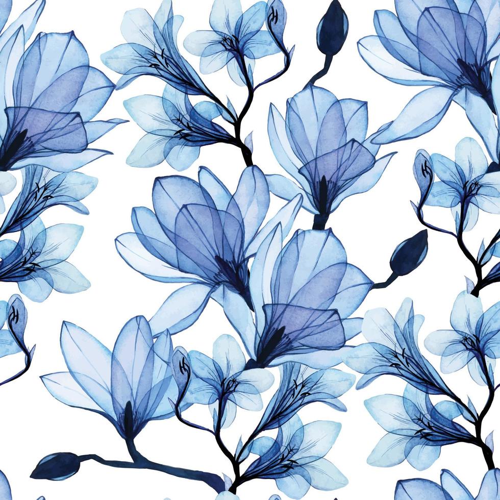 sömlösa akvarellmönster med blå transparent magnolia och fresiablommor. skonsamt vintagemönster, luftigt, röntgen. vektor