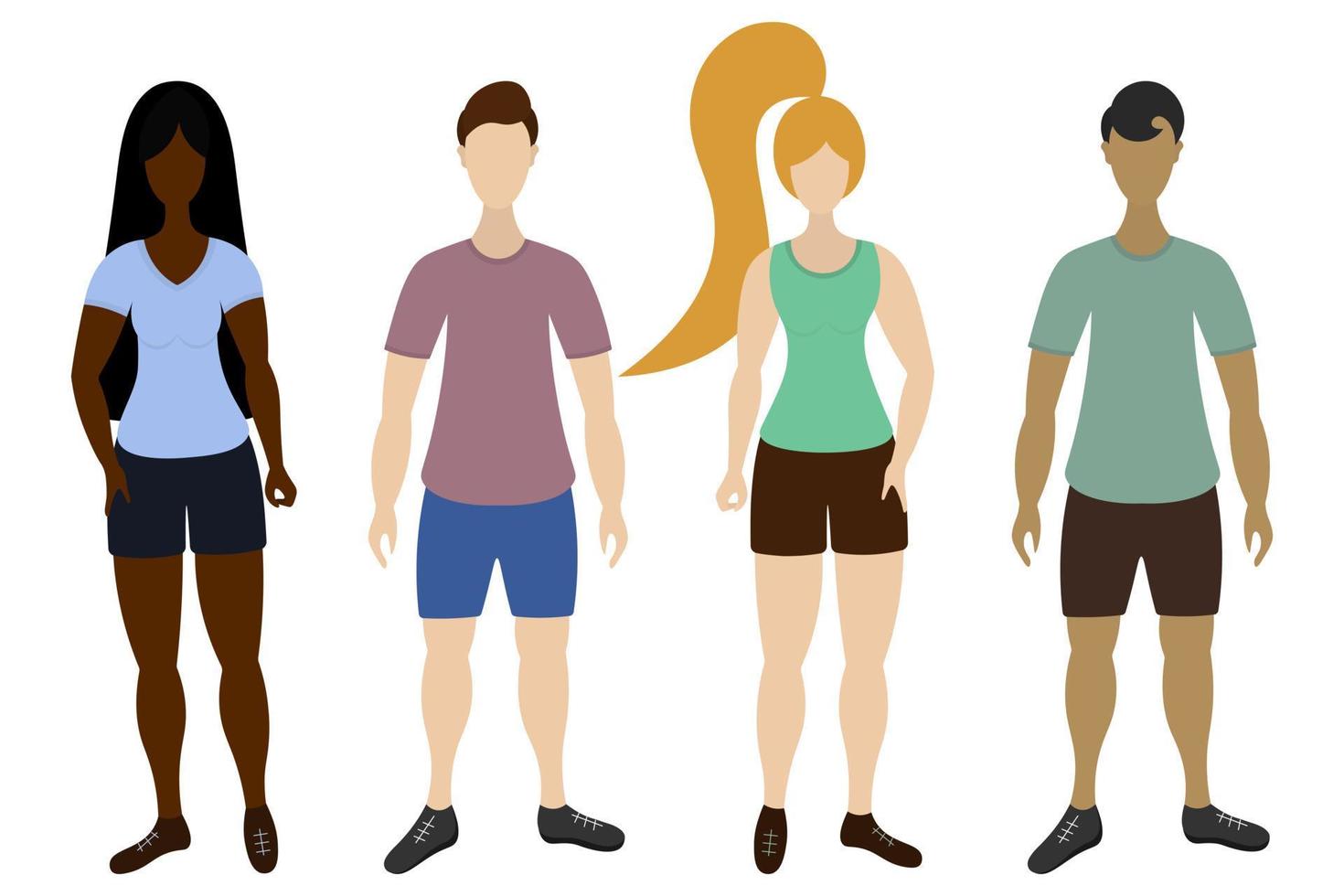 eine Gruppe von Sportlern. Männer und Frauen unterschiedlicher Hautfarbe. Farbvektorillustration. Menschen in T-Shirts, Shorts und Turnschuhen. isolierter Hintergrund. flacher Stil. vektor