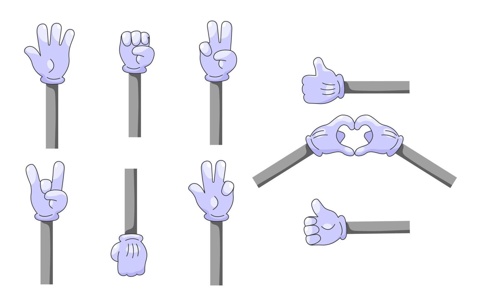 uppsättning av tecknade händer i handskar. retro komisk händer i handskar med olika gester. vektor illustration.