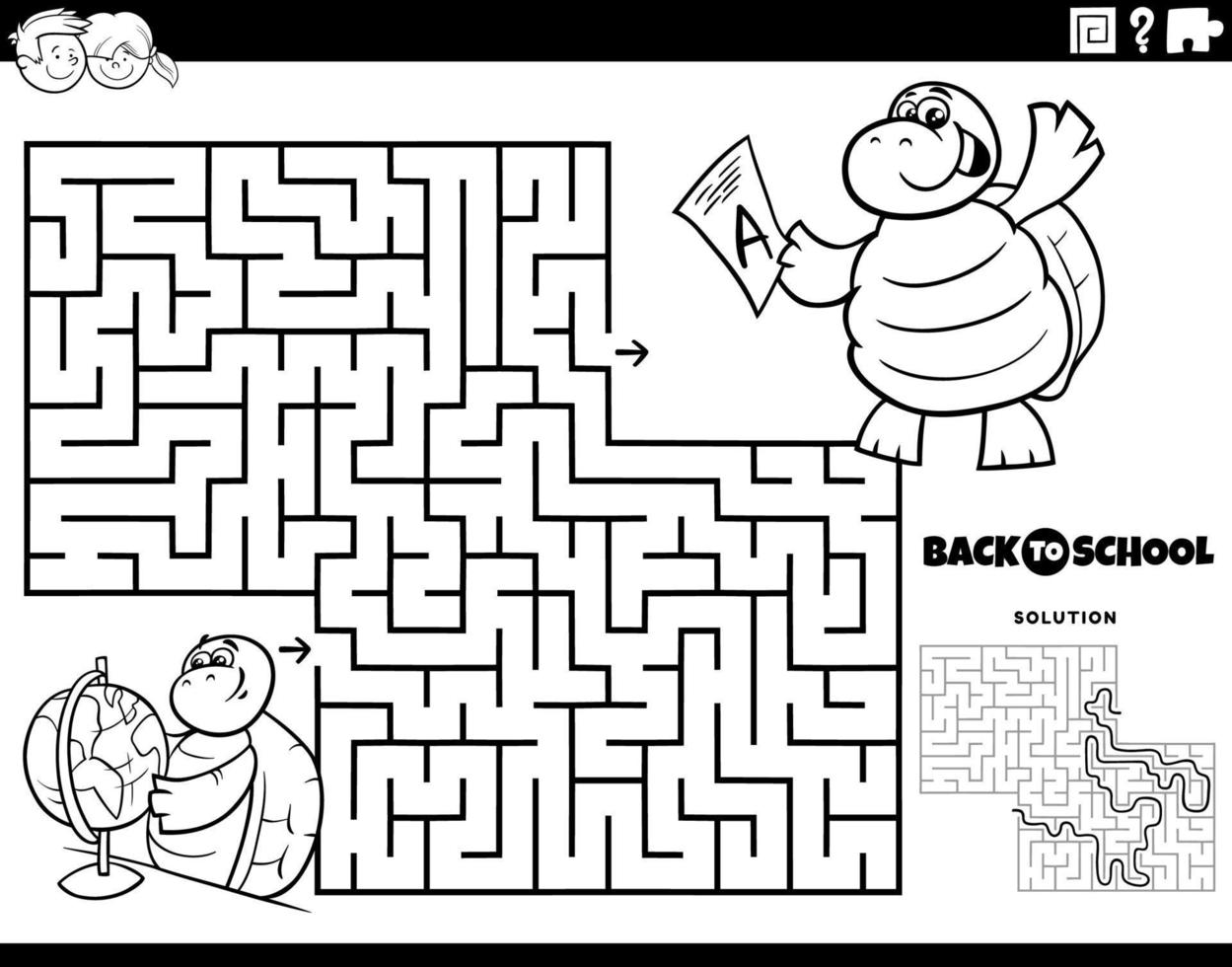 Labyrinth mit Schildkröten, die für einen Erdkundetest lernen vektor