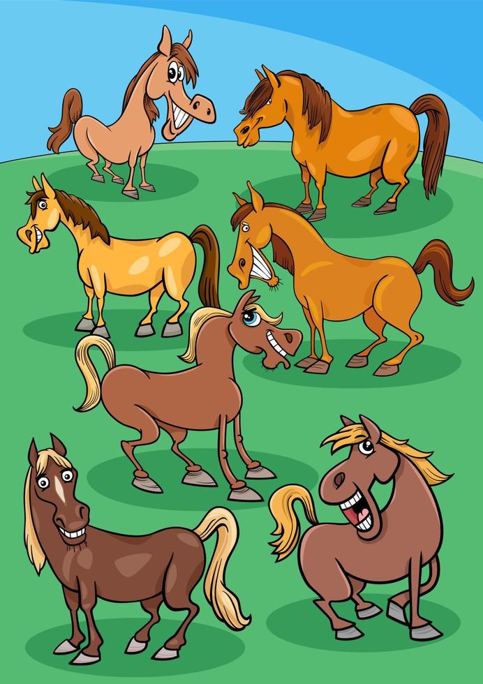 tecknade hästar husdjur på ängen vektor